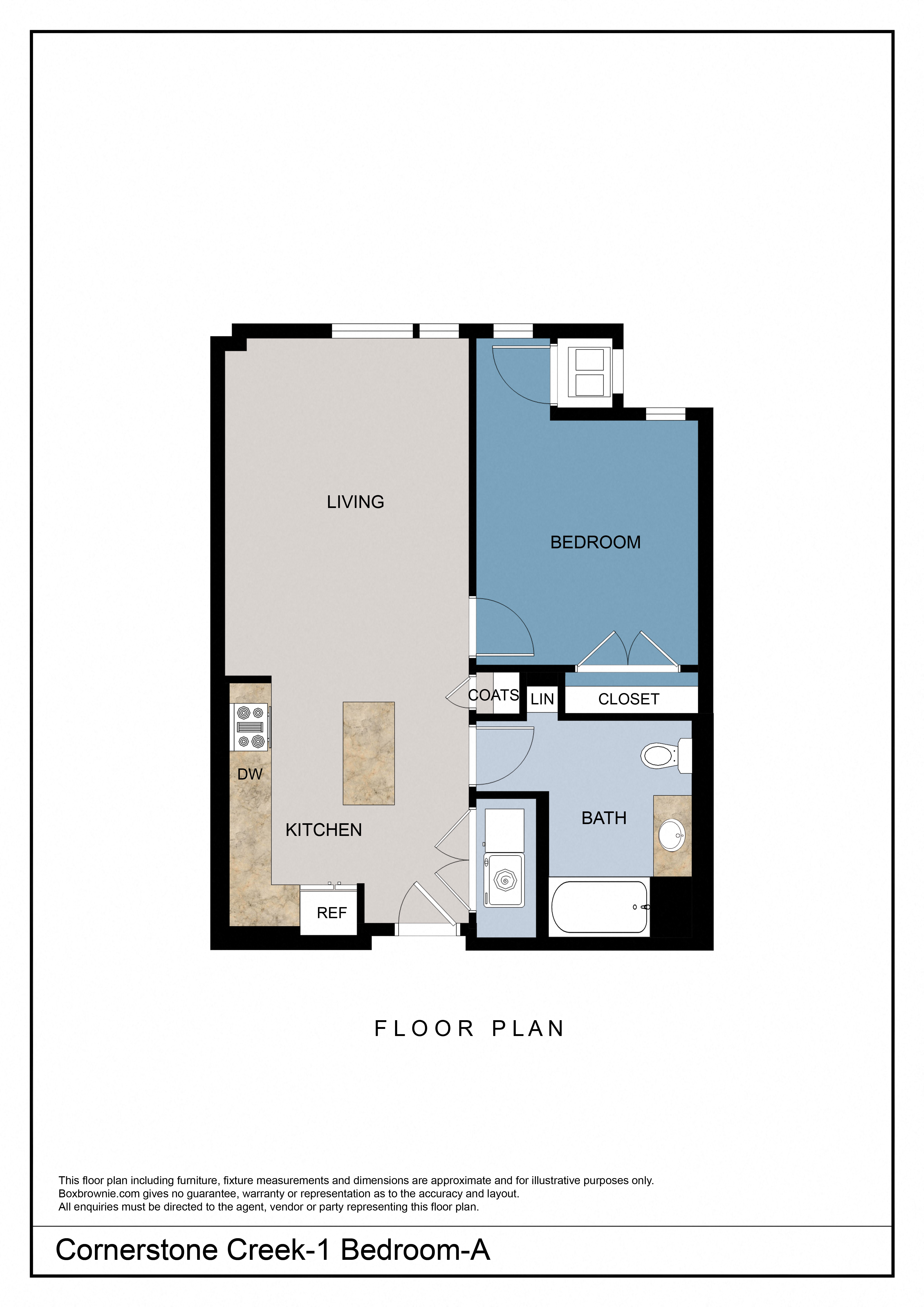 Floor plan for 1 bed, 1 bath, 662 sqft